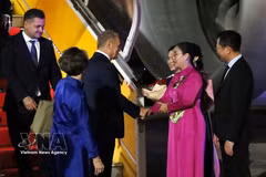 La vicepresidenta del Comité Popular de la ciudad de Da Nang, Nguyen Thi Anh Thi, da la bienvenida al primer ministro de Polonia, Donald Tusk, en el Aeropuerto Internacional de Da Nang. Foto: VNA