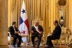 El embajador de Vietnam en México y Panamá, Nguyen Van Hai, presenta las cartas credenciales al presidente panameño, José Raúl Mulino Quintero. Foto: VNA