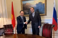 El titular de la Academia de Ciencia y Tecnología de Vietnam (VAST), Tran Hong Thai, sostiene una reunión con Artyom Zassourky, vicepresidente de negocios internacionales de AFK Sistema (Fuente: VNA)