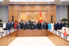 El vicepresidente de la Asamblea Nacional Nguyen Doan Anh, y el vicepresidente de la Asamblea Nacional de Costa de Marfil, Traoré Fatoumata Epse Diop, posan para una foto conmemorativa con los delegados que asistieron a la sesión de trabajo (Fuente: daibieunhandan.vn)