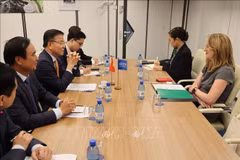 En la reunión entre el viceprimer ministro Le Thanh Long y la directora general de la Organización Internacional para las Migraciones (OIM), Amy Pope (Fuente: VNA)