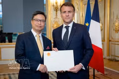 El embajador Trinh Duc Hai presenta sus credenciales al Presidente francés Emmanuel Macron (25 de marzo de 2026). Foto: VNA