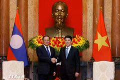 El presidente Luong Cuong (derecha) recibe al primer ministro de Laos, Sonexay Siphandone, en el marco de la Cumbre P4G en Hanoi (Foto: VNA)