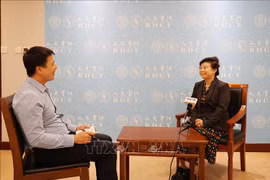 Liu Ying, investigadora del Instituto Chongyang de Estudios Financieros de la Universidad Renmin de China concede una entrevista a reporteros de la Agencia Vietnamita de Noticias (Fuente: VNA)