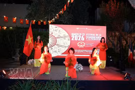 En el área del Rincón de Vietnam, durante el evento, se presenta una danza tradicional con sombreros cónicos. Foto: VNA