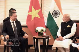 Durante su visita al 79º período de sesiones de la Asamblea General de las Naciones Unidas y su viaje de trabajo a los Estados Unidos, en el 23 de septiembre de 2024 (hora local), en Nueva York, el secretario general del PCV y presidente de Vietnam, To Lam, se reunió con el premier indio Narendra Modi. (Foto: VNA)