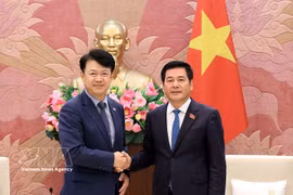 El vicepresidente de la Asamblea Nacional de Vietnam Nguyen Hong Dien (derecha) recibe a Bok Gi Wang, subtitular de la Comisión de Territorio, Infraestructura y Transporte de la Asamblea Nacional de Corea del Sur (Fuente: VNA)