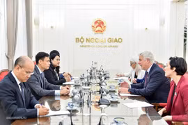 El viceministro Dang Hoang Giang y el viceministro Glenn Purves intercambiaron opiniones sobre las directrices para promover la Asociación Integral entre Vietnam y Canadá. (Foto: baoquocte.vn)