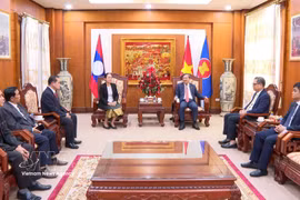 Una delegación de la Comisión de Inspección del Comité Central del PPRL, encabezada por su vicepresidenta Pingkham Lasasimma, viene a ofrecer sus felicitaciones. Foto: VNA