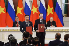 El secretario general del Partido Comunista de Vietnam y presidente del país, To Lam, y el presidente ruso, Vladimir Putin, presencian el intercambio de una serie de documentos de cooperación (Fuente: VNA)