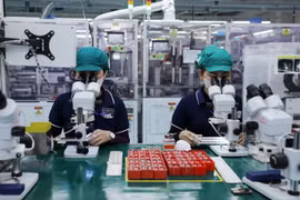 Fabricación de componentes electrónicos en la empresa Sumida de inversión japonesa en el Parque Industrial de Tinh Phong, provincia de Quang Ngai (Foto: VNA)
