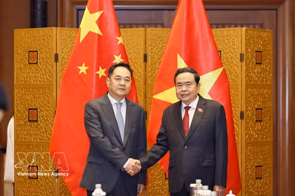 El presidente de la Asamblea Nacional, Tran Thanh Man (derecha), y Yang Wanming, presidente de la Asociación del Pueblo Chino para la Amistad con el Extranjero (Foto: VNA)