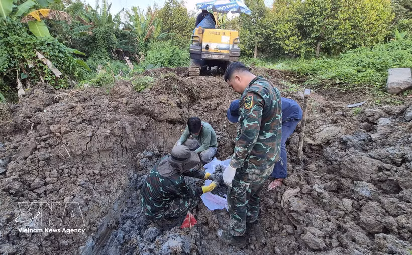El equipo K91 buscó y recolectó muchos restos de soldados caídos en los huertos de durian de los residentes locales en la aldea de Binh Hoa de la provincia de Dong Thap. Foto: VNA