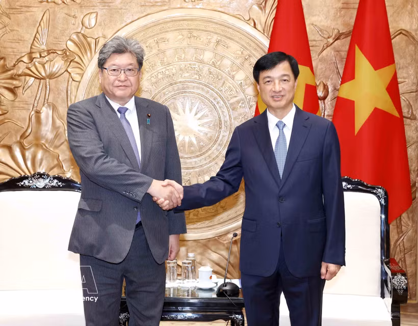 El miembro del Buró Político, jefe de la Comisión de Organización del Comité Central y presidente del Grupo Parlamentario de Amistad Vietnam–Japón, Nguyen Duy Ngoc, recibió hoy a Hagiuda Koichi, secretario general en funciones del Partido Liberal Democrático de Japón (Fuente: VNA)