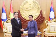 El presidente de la Asamblea Nacional de Vietnam, Tran Thanh Man, y Pany Yathotou, vicepresidenta y extitular de la Asamblea Nacional de Laos. (Fuente: VNA)