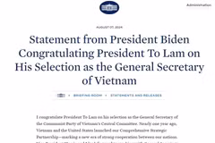 El presidente de EE.UU., Joe Biden, felicita al secretario general del Partido Comunista y presidente de Vietnam, To Lam, en el sitio web de la Casa Blanca.