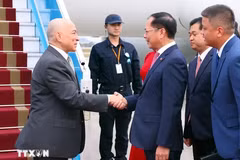 El rey Norodom Sihamoni (izquierda) es recibido en el aeropuerto internacional de Noi Bai por el viceprimer ministro y canciller, Bui Thanh Son (Fuente: VNA)