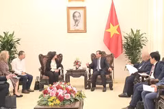 El viceprimer ministro y canciller vietnamita, Bui Thanh Son (derecha), recibió a la vicepresidenta del Banco Mundial (BM) para Asia Oriental y el Pacífico, Manuela V.Ferro (Fuente: VNA)