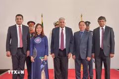 El presidente Ranil Wickremesinghe, la embajadora Trinh Thi Tam y los funcionarios en la ceremonia de presentación de credenciales (Foto: VNA)