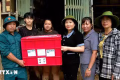 La vicepresidenta del Comité Popular de la provincia de Yen Bai, Vu Thi Hien, entrega apoyos del gobierno australiano a los pueblos de la comuna de Hong Ha el 13 de septiembre (Fuente: VNA) 