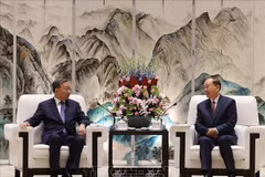 El secretario general del Partido Comunista y presidente de Vietnam, To Lam, sostiene una reunión con el miembro del Buró Político y secretario del Comité del Partido Comunista de China (PCCh) en Guangdong, Huang Kunming. (Fuente: VNA)