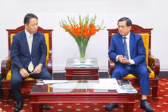 El viceministro de Trabajo, Inválidos de Guerra y Asuntos Sociales Nguyen Ba Hoan (derecha), recibe al presidente del consejo de la prefectura de Nagano, Nishizawa Masataka. (Foto: Ministerio de Trabajo, Inválidos de Guerra y Asuntos Sociales)