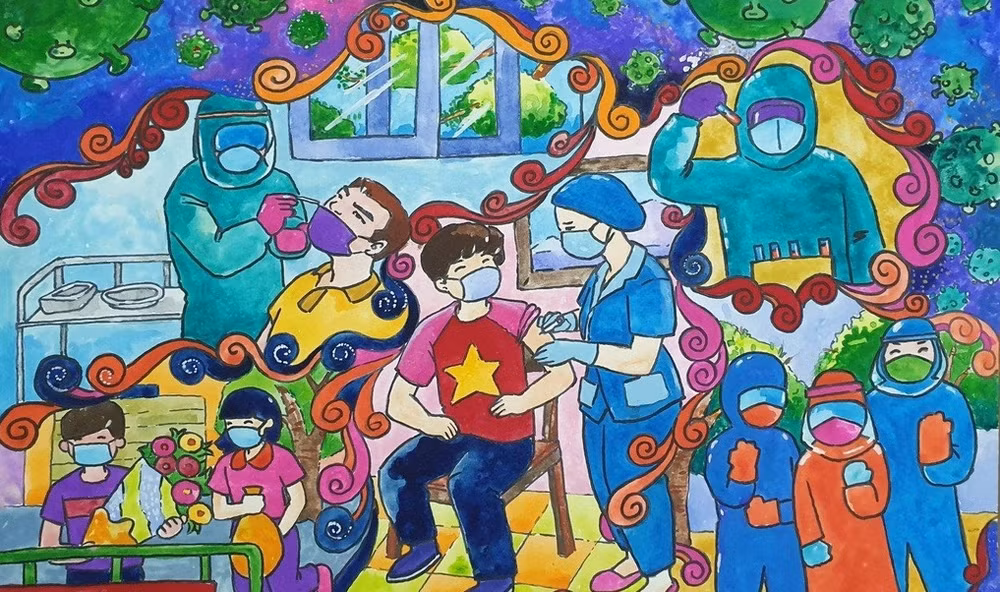 Niños vietnamitas crean obras de pintura sobre lucha contra el COVID-19 ảnh 1