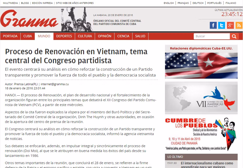 Prensa cubana saluda XII Congreso del Partido Comunista de Vietnam ảnh 1
