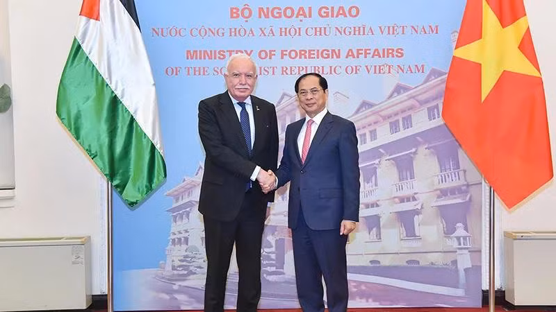 El viceprimer ministro y canciller del país indochino, Bui Thanh Son, recibe a Riad Malki, asesor del Presidente para Asuntos Internacionales y enviado especial del Estado de Palestina. (Fuente: VNA)