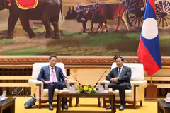 El Auditor General de Vietnam, Nguyen Huu Nghia, (izquierda) realiza una visita de cortesía al primer ministro laosiano, Sonexay Siphandone. (Foto: VNA)