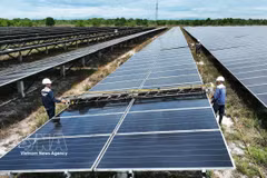 Limpieza de paneles solares en la planta fotovoltaica Gio Thanh, provincia de Quang Tri. (Foto ilustrativa: VNA)