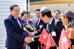 Funcionarios y personal de la Embajada, junto con la comunidad vietnamita en Suiza, reciben al presidente de la Asamblea Nacional, Tran Thanh Man, y a su esposa en el aeropuerto internacional de Ginebra. (Foto: VNA) 