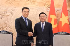 El miembro del Buró Político y permanente del Secretariado del Comité Central del Partido Comunista de Vietnam, Tran Cam Tu, (derecha) recibe al jefe interino de la Comisión de Asuntos Exteriores del Comité Central del Partido Popular Revolucionario de Laos (PPRL), Bounleua Phandanouvong. (Foto: VNA)