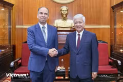 El presidente del Comité Central del Frente de la Patria de Vietnam (FPV), Do Van Chien, recibe al embajador de Cubal, Rogelio Polanco Fuentes. (Foto: Vietnam+)