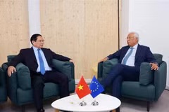 El primer ministro de Vietnam, Pham Minh Chinh, mantiene una sesión de trabajo con el presidente del Consejo Europeo, Antonio Costa. (Foto: VNA)