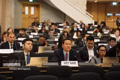 El embajador Mai Phan Dung, jefe de la Misión Permanente de Vietnam ante las Naciones Unidas, la Organización Mundial del Comercio (OMC) y otros organismos internacionales en Ginebra, habla en el debate. Foto: VNA