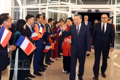 Personal de la Embajada y comunidad vietnamita en Francia reciben al secretario general y presidente To Lam y su esposa. (Foto: VNA)