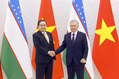 El presidente de la Asamblea Nacional de Vietnam, Tran Thanh Man, y el presidente de Uzbekistán, Shavkat Mirziyoyev. (Foto: VNA)