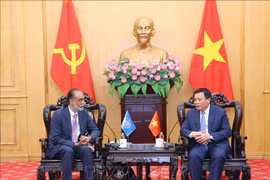 Nguyen Xuan Thang, presidente de la Academia Nacional de Política Ho Chi Minhy el subsecretario general de la Organización de las Naciones Unidas para tecnologías digitales y emergentes y enviado del Secretario General de la ONU sobre tecnología, Amandeep Singh Gill. (Fuente: VNA)