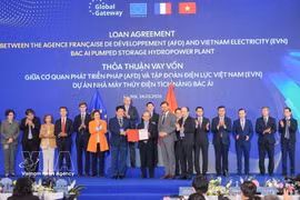 El viceprimer ministro Ho Duc Phoc y el comisario europeo de Asociaciones Internacionales, Jozef Síkela, presenciaron la ceremonia de firma de un acuerdo de préstamo entre la Agencia Francesa de Desarrollo (AFD) y el grupo de Electricidad de Vietnam (EVN) para el proyecto de la central hidroeléctrica de bombeo de Bac Ai. (Foto: VNA)