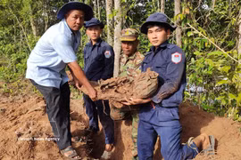 El equipo de K92 realiza su trabajo de búsqueda y recuperación de restos de mártires vietnamitas en la provincia de Kam Pot, Camboya (Foto: VNA) 